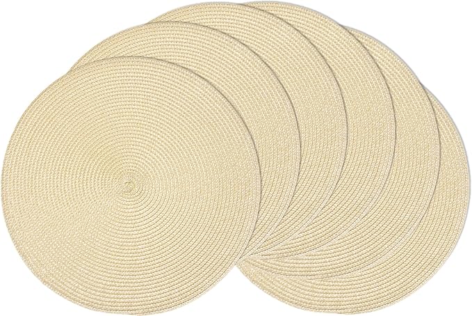 AHHFSMEI Round Placemats Set of 6 Heat Resistant Washable Non-Slip Woven Braided Table Mats for Dining Table Kitchen & Home Decor (Beige)