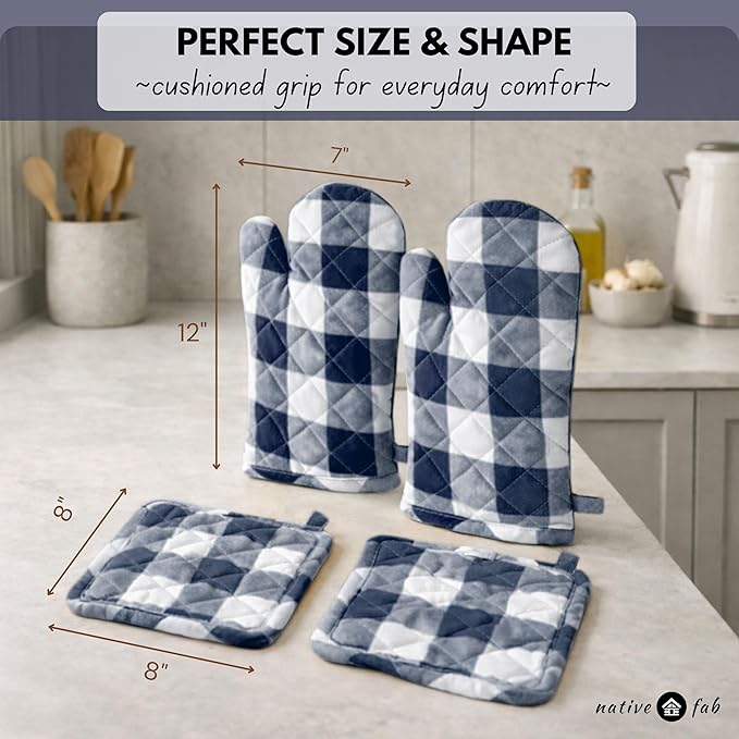 Native Fab Buffalo Plaid Check Oven Mitts and Pot Holders Set of 4, 100% Cotton Heat Resistant Kitchen Gloves, 2 Oven Mitts (7x13), 2 Pot Holders (8x8) for Cooking & Baking, Navy White