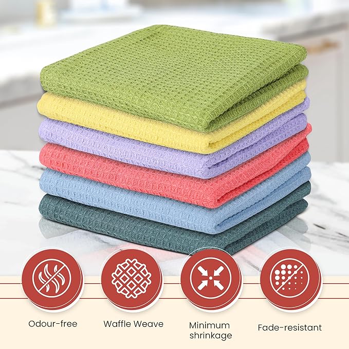 Vintage Vista 100% Cotton Waffle Dish Cloths (Pack of 6) - Dish Rags for Washing Dishes - Reusable & Highly Absorbent Kitchen Towels - Kitchen Rags fo Easter - (12" x 12" - Multicolor I)