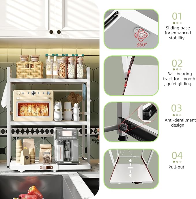 NETEL Expandable Microwave Stand,3 Tier Metal Kitchen Countertop Organizer Shelves with 8 Hooks,Bakers Rack,Pull-Out Microwave Shelf,Metal Storage Shelves,110lbs Weight Capacity,White