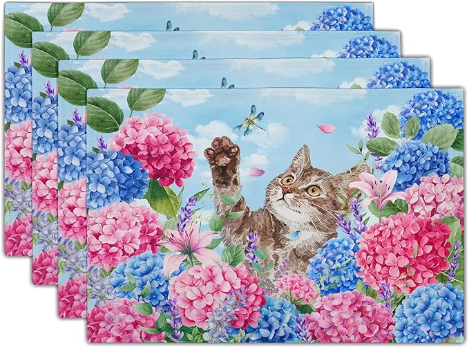 Hydrangea Flowers Cat Spring Placemat Set 12x18 in Seasonal Holiday Table Mats for Party Kitchen Dining Decoration