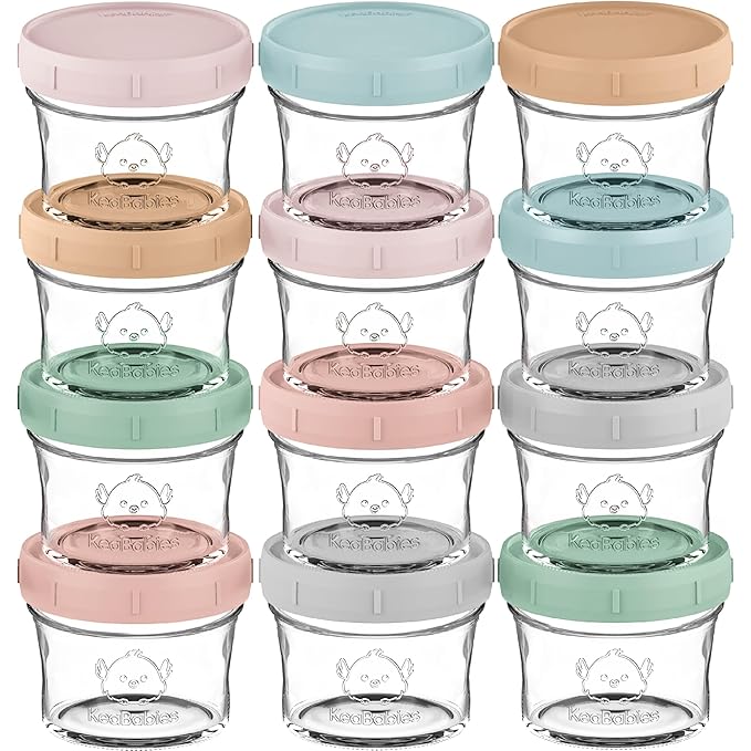 KeaBabies 12pk 4oz Glass Baby Food Containers with Lids - Leak-Proof, Microwavable Small Glass Jars, Baby Purees & Toddler Snack Storage Containers, BPA-Free, Dishwasher & Freezer Safe (Musk Dusk)