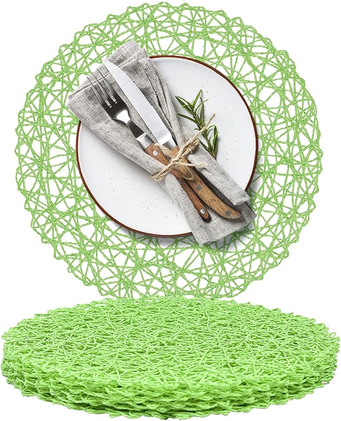 AHHFSMEI Paper Braided Round Placemats Set of 6 Natural Non-Slip Heat Resistant Table Mats for Dining Tables Woven Indoor Outdoor Place mats(Light Green)