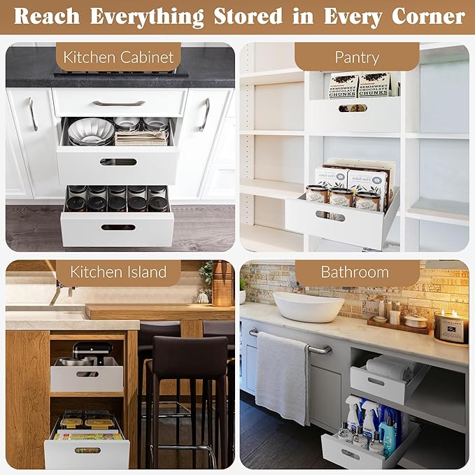 HBL' 2 Pack | 21" Deep Pull Out Cabinet Organizer Adhesive, 12-Inch Wide Sturdy Carbon Steel Roll-Out Drawers, Designed for Frameless Cabinets, Slide-Out Shelves for Pantry.