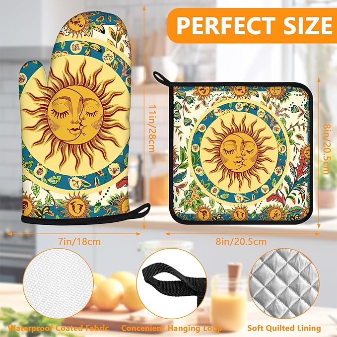 Sun and Moon Oven Mitts and Pot Holders Sets 4Pcs,Extra Long Oven Gloves Potholder for Kitchen Cooking Baking BBQ 100% Cotton Heat Resistant