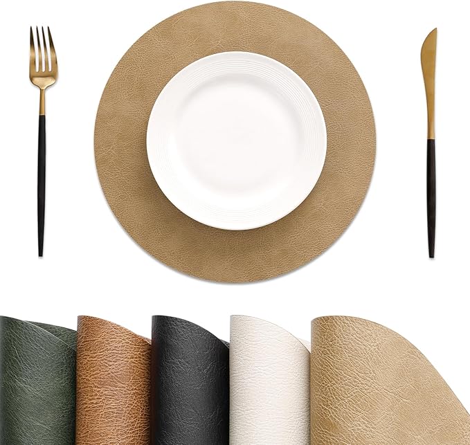 MOSAYT 13 Inch Round Vinyl Placemats Set of 6 - Faux Leather 100% Waterproof Oil-Proof Wipeable PU Place Mats, Heat Resistant Reversible Table Mats for Kitchen, Dining, Outdoor (Camel)
