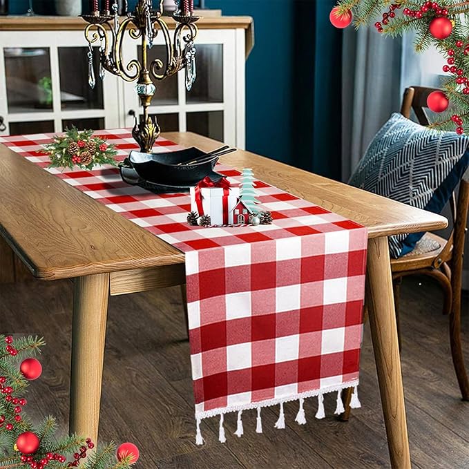 DUOBAO Buffalo Plaid Table Runner 14x108-Inches Red and White Checkered Tables Runners with Tassel Christmas Decoration Gingham Rustic Farmhouse Tablecloth Decor
