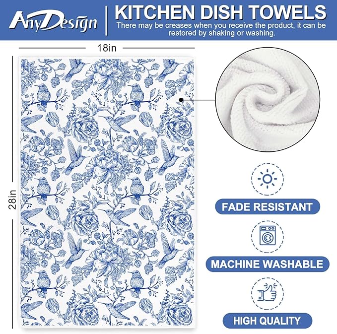 Chinoiserie Floral Kitchen Towels Blue White Flowers Bird Dish Towels 18 x 28 Inch Decorative Hand Drying Tea Towel for Farmhouse Cooking Baking Cleaning Wipes, Set of 2