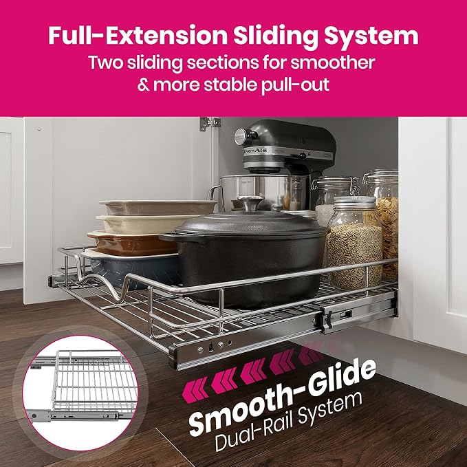 HOLDN’ STORAGE Pull Out Cabinet Organizer, Heavy Duty Caddy w/Lifetime Limited Warranty - 28”W x 21”D - Requires At Least 29-1/4” Cabinet Opening, Steel Metal Cabinet Drawers Slide Out, Chrome