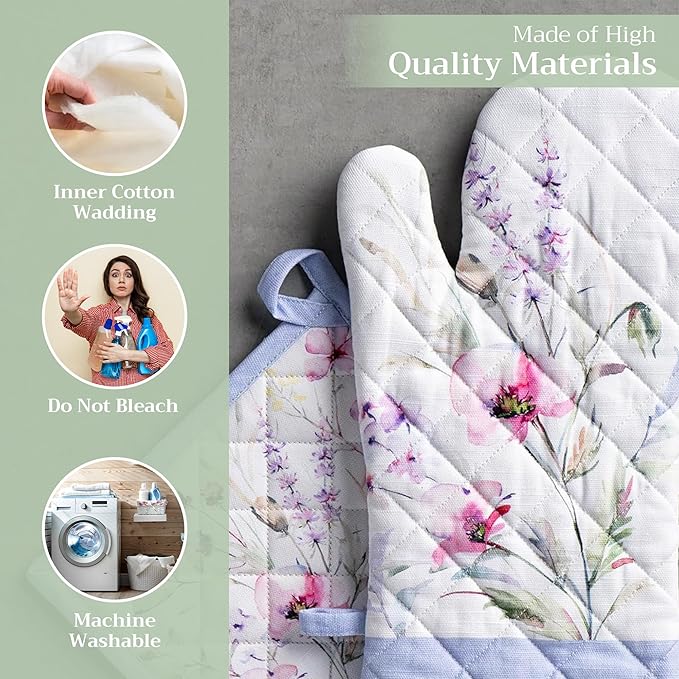 Maison d' Hermine 100% Cotton Oven Mitt & Pot Holder Set (7.5"x13" & 8"x8") Heat Resistant BBQ Cooking Gloves with Loop Baking Grilling Kitchen Gifts for Mothers Day Spring/Summer (Summer Floral)