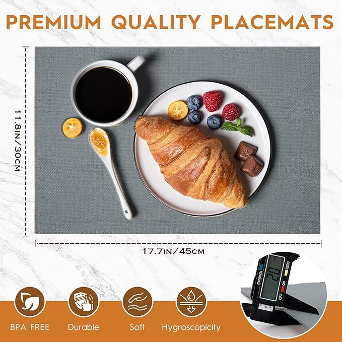Placemats Set of 6 Linen Type Fabric Cloth Placemats, 18x12 Inch Double Layered Thick Wrinkle Free Heat Resistant Table Place, for Dining, Kitchen, Party (45 * 30cm, Gray)