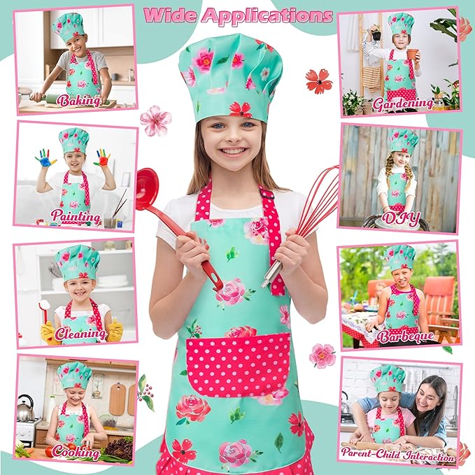 R HORSE Kid Apron and Chef Hat Set - 2Pcs Green Floral Toddler Kitchen Apron for Girls, Adjustable Role Play Costume Pretend Play Toy for Cooking Baking Painting Birthday Gift for Kids Ages 3-6