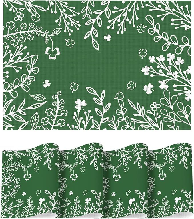 Artoid Mode Dark Green Weed Wild Flower Vinyl Plastic Placemats Set of 4, 12x18 Inch Woven Washable Non-Slip PVC Place Mats for Party Kitchen Dining Decor