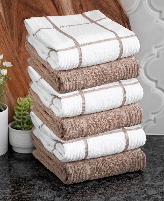 T-Fal Solid & Checked Parquet Kitchen Towels: Highly Absorbent, Super Soft Long Lasting - 100% Cotton, 16"x26" Dish Towels for Cleaning & Drying Dishes, Pans, Glassware, Countertops, 6-Pack, Sand