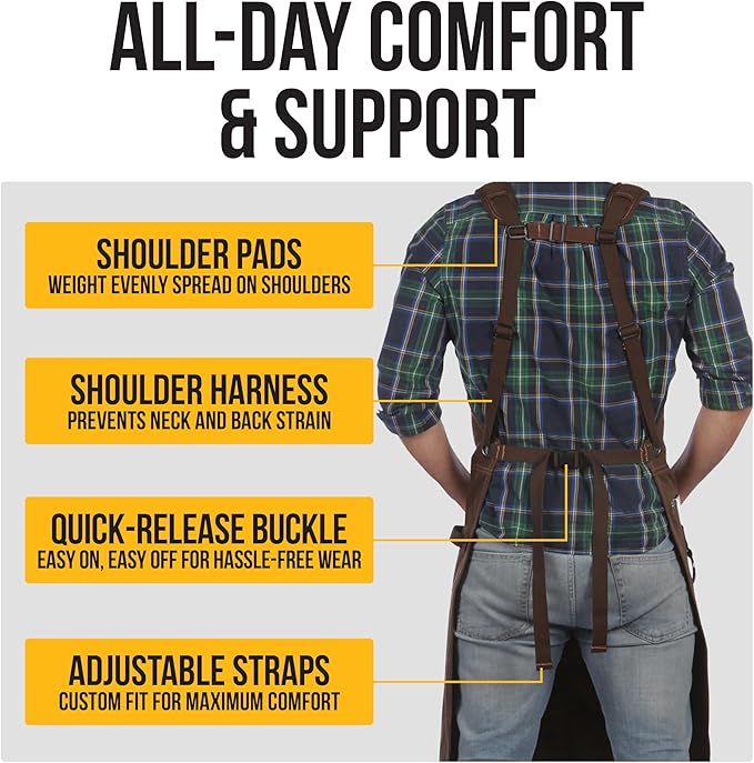 ecoZen 16oz Waxed Canvas Work Apron with Pockets - Waterproof, Fully Adjustable to Comfortably Fit Men and Women, 27 x 34 inches, Tough Tool Apron for Lasting Protection - Brown, Size S to XXL