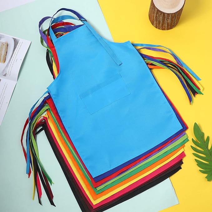 Handepo 36 Pcs 12 Colors Kids Aprons Bulk L for 7-13 Age Adjustable Children Chef Aprons with Pockets Kids Painting Apron for Cooking Baking Crafting Art Activity