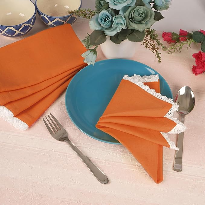 Fingercraft Dinner Cloth Napkin Cotton Linen Blend 12 Pack Mitered Corners with Elegant Lace for Everyday Use Napkins are Pre Shrunk and Good Absorbency (Rust, 20in x 20in (Set of 12)) Easter Color