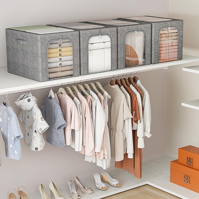 GoMaihe Clothes Storage Bin with Metal Frame: 4-Pack Stackable Closet Storage Bin with Lid & Clear Window, Sweater Boxes Storage for Closet Clothing Bedding Storage Organizer 40L