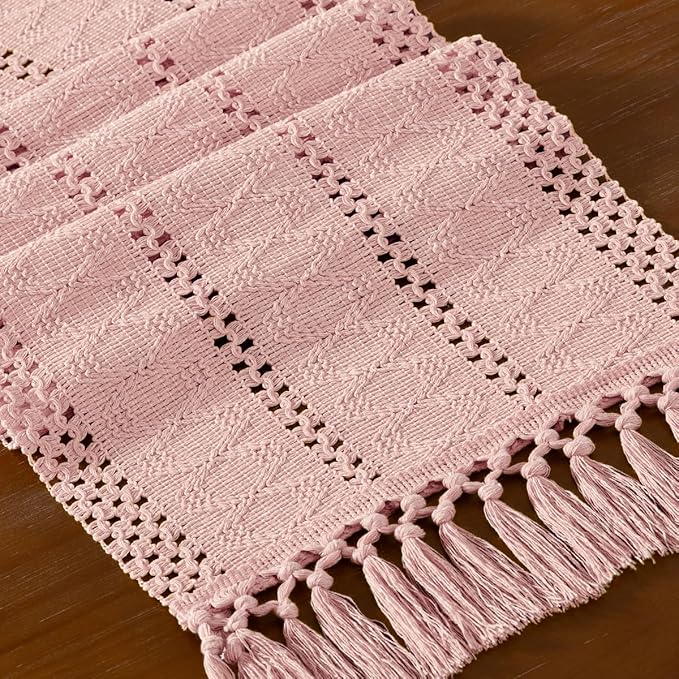 DeZerlor Boho Macrame Table Runner Spring Easter Farmhouse Woven Small Table Runner with Tassels 48 Inches Pink Cotton Linen Kitchen Table Decor for Dining Dresser Home Tea Table Decor