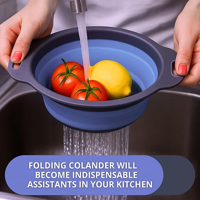 Blue Round Silicone Collapsible Colander – Silicone Round Kitchen Strainers with Plastic Handles Foldable Small Kitchen Strainer Perfect for Draining Pasta Vegetable and Fruit