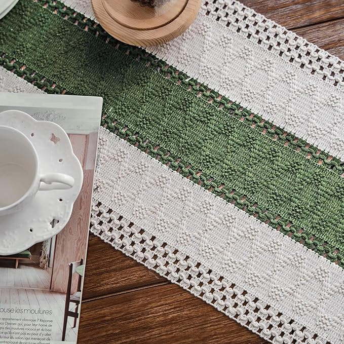 Alynsehom Macrame Table Runner Cream Beige and Green Boho Table Runners with Tassels Hand Woven Cotton Table Runner Rustic Farmhouse Table Runners for Bohemian Kitchen Dining Table(12x36in)
