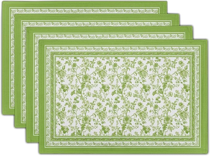 Green Floral Placemats Set of 4 Chinoiserie Boho Flowers Linen Fabric Rectangle Table Mat 12x18 Inch Washable Heat Resistant Outdoor Seasonal for Kitchen and Dining Table Decor