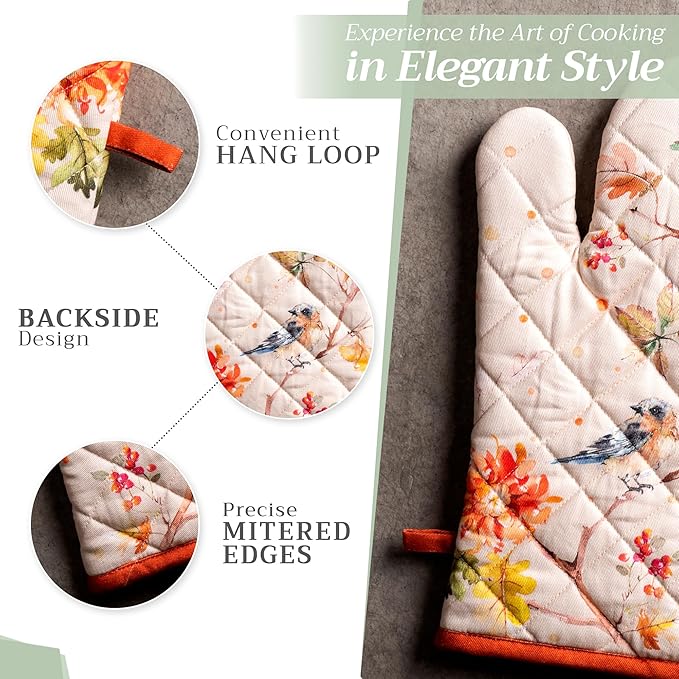 Maison d' Hermine Oven Gloves 100% Cotton Oven Mitt 7" x 13" with Loop Heat Resistant BBQ Cooking Gloves for Thanksgiving Christmas Decorations Baking Handling Hot Pans (Pack of 1, Kelim - Prairie)
