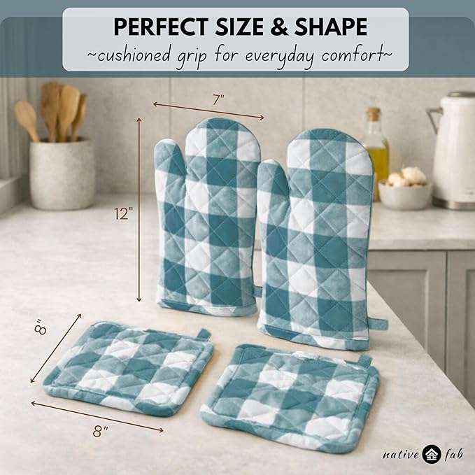 Native Fab Buffalo Plaid Check Oven Mitts and Pot Holders Set of 4, 100% Cotton Heat Resistant Kitchen Gloves, 2 Oven Mitts (7x13), 2 Pot Holders (8x8) for Cooking & Baking, Teal Green White