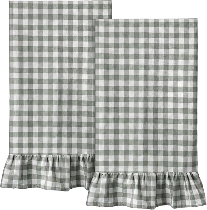 HunnmingRe Sage Green Kitchen Towels Set of 2, 100% Cotton Ruffled Gingham Dish Towels 18"x28" Absorbent Tea Cloths Classic Plaid Pattern for Farmhouse Charm, Drying Dishes, Entertaining Guests
