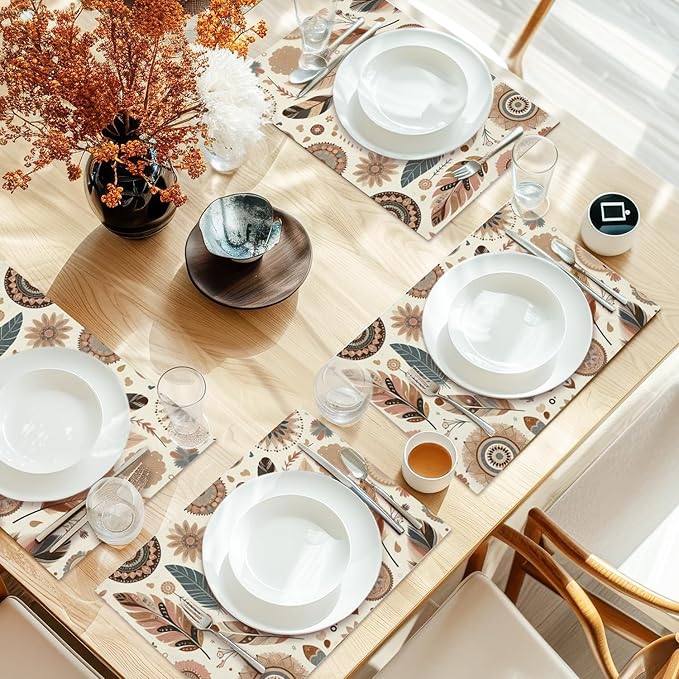 Cotton Linen Waterproof Placemats Set of 4, Boho Style Dining Mat Bohemian Table Mats Decor Fabric for Kitchen Dinner Coffee Shop Table, Indoor/Outdoor Washable Wipeable Placemat -N020