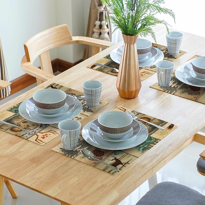 Cabin Placemats Set of 4 - Forest Bear Moose Place Mats Set of 4 Pine Tree Wild Animal Art Kitchen Dining Table Mat for Indoor Outdoor Decorations 12 x 18 Inch