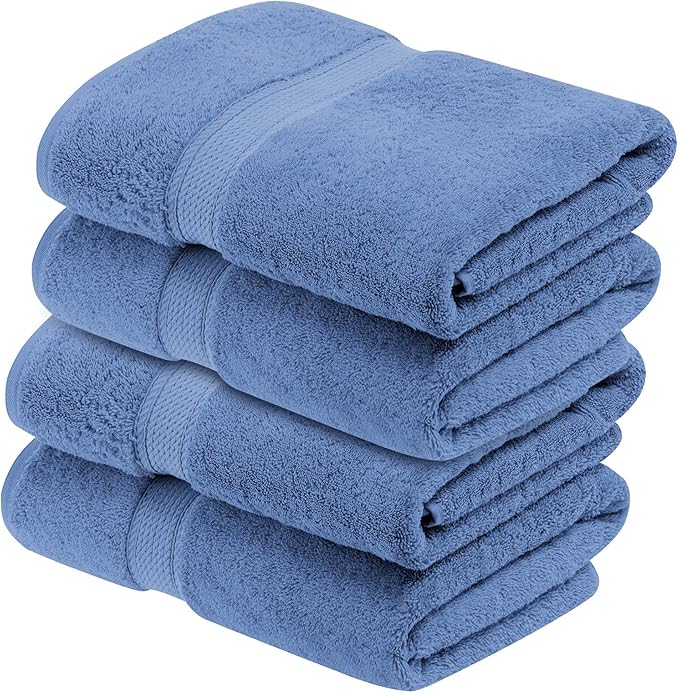 Superior Egyptian Cotton Pile Bath Towel Set of 4, Ultra Soft Luxury Towels, Thick Plush Essentials, Absorbent Heavyweight, Guest Bath, Hotel, Spa, Home Bathroom, Shower Basics, Denim Blue