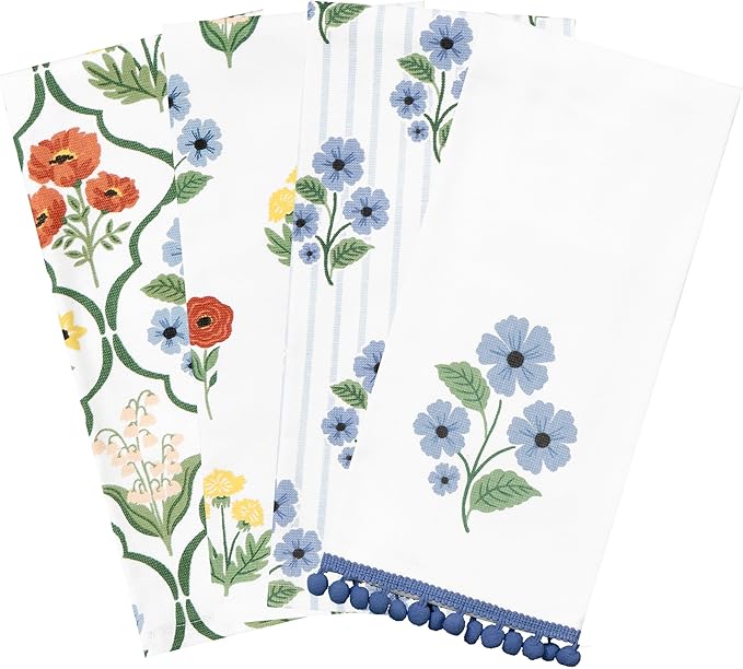 Ritz 100% Cotton Kitchen Towels, Blue Trellis Floral – 16"x26" – Absorbent Dish Towels for Drying & Cleaning – Soft & Durable (Set of 4)