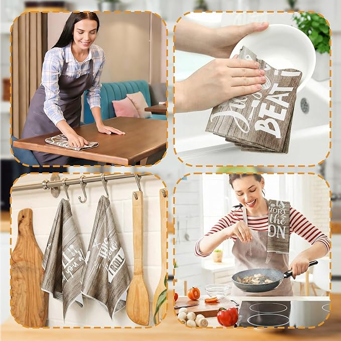 Bencailor 6 Pcs Wood Kitchen Towels Decorative Sets Dish Towels Absorbent Fast Drying Hand Tea Vintage Hanging Reusable Cleaning Dishcloths for Cooking Farmhouse Bathroom Accessory