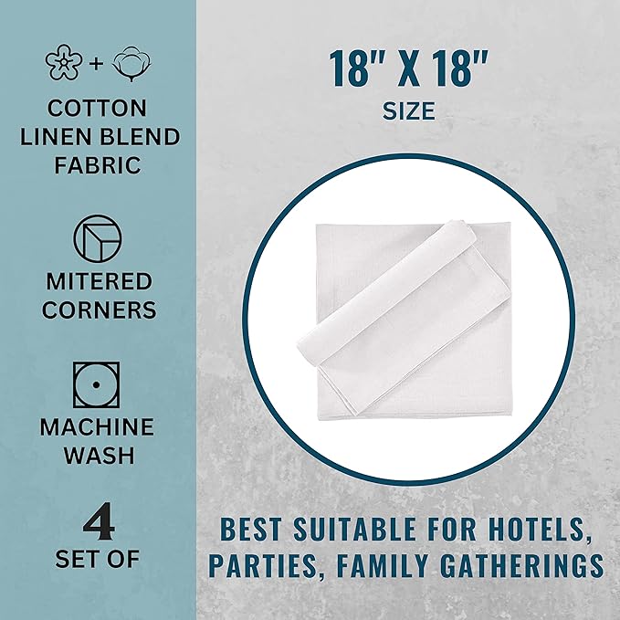 Cloth Napkins Dinner Washable Set of 4 in Cotton Linen Fabric Premium Quality, Mitered Corners for Reusable Every Day Use Pre Shrunk and Good Absorbency Christmas Cloth Napkins (Pack of 4, White)