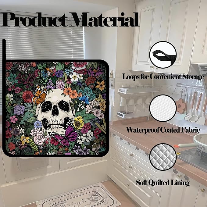 Skulls and Flowers Pot Holders 2 PCS,Kitchen Heat Resistant Hot Pads for Cooking Grilling Baking BBQ, Pot Holders for Women Cook Home Microwave