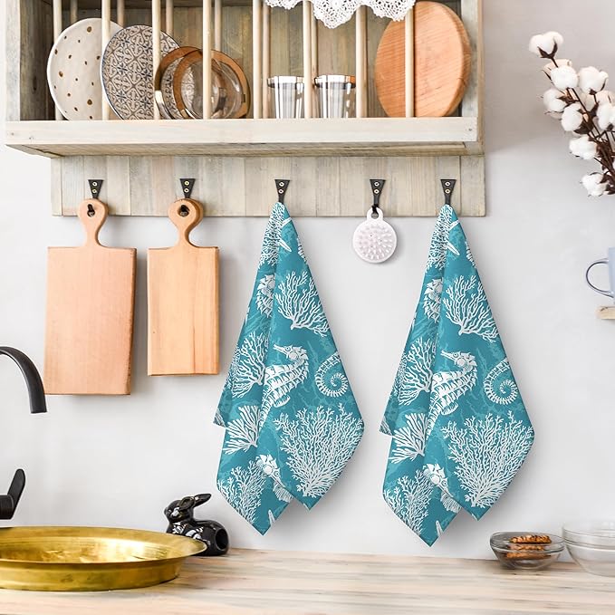 Teal Green Kitchen Towels Decorative Set Set of 2 Absorbent Dish Towels for Kitchen Bathroom Farmhouse Home Decor (Seahorse Corals, 16x24 Inch)