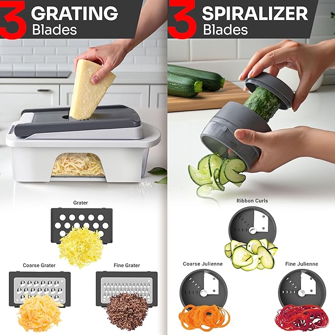 Mueller Pro-Series All-in-One, 12 Blade Mandoline Slicer for Kitchen, Food Chopper, Vegetable Slicer and Spiralizer, Cutter, Dicer, Grater, Kitchen Gadgets Sets with Container, White Sand/Gray