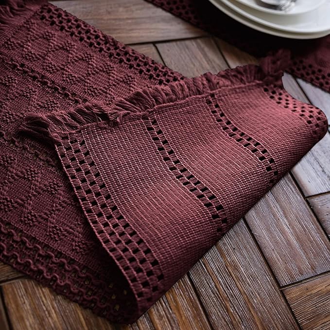 Alynsehom Macrame Table Runner Burgundy Boho Table Runners with Tassels Hand Woven Cotton Table Runner Rustic Farmhouse Table Runners for Bohemian Kitchen Dining Table(12x60in)