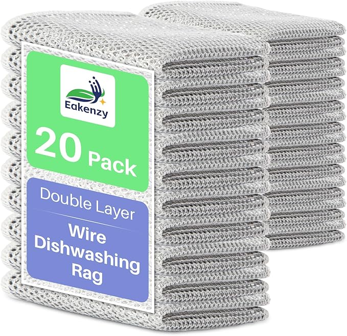 Non Scratch Wire Dishcloth, Multipurpose Wire Dishwashing Rag for Wet and Dry, Steel Cloth for Washing Dishes, Rust Removal Cleaning Cloth Kitchen, No Odor, Double Layer, 20 Pack