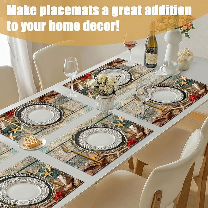Beach Starfish Placemats Set of 6, Nautical Seashell Linen Place Mat Washable Stain Resistant Table Mats for Farmhouse Kitchen Dining Party Wedding Decor 12x18 Inch