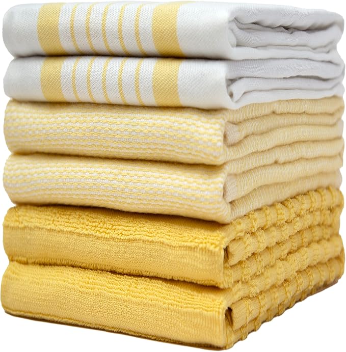 Premium Kitchen Towels (20”x 28”, 6 Pack) | Large Cotton Dish Towels | Flat & Terry Highly Absorbent Kitchen Linen Set with Hanging Loop | Yellow Striped