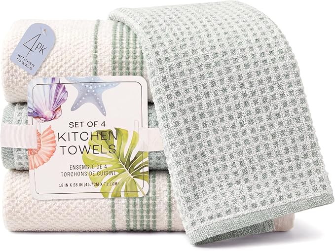 MosJos Kitchen Towels, Cotton Hand Towels White & Turquoise Mini Weaved Stitched Design 4 Pack Absorbent Hand Drying Cloths, 18 x 28 Kitchen Linens