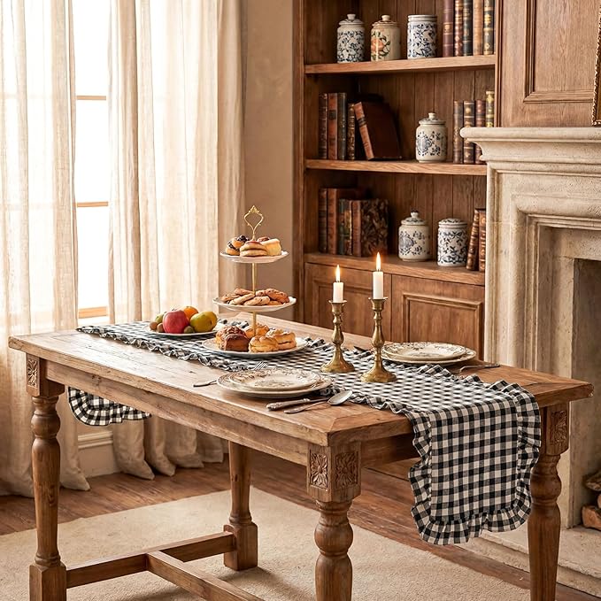HunnmingRe 1 Pcs White and Black Plaid Gingham Ruffle Table Runner 72 x 13.8'' Farmhouse Buffalo Table Runner 100% Cotton Scalloped Long Dresser Scarves for Dining Room, Kitchen Rustic Home Decor