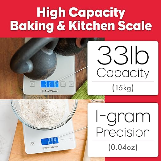 Brod & Taylor High Capacity Baking & Kitchen Scale (Weighs up to 33lbs/15kg of Ingredients), 1-Gram Precision, Five Unit Options, 5-Minute Display, Batteries Included