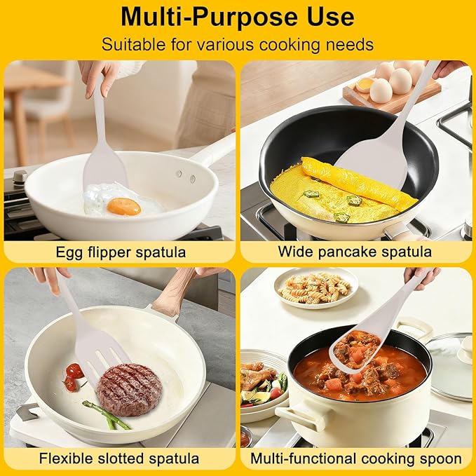 Beijiyi Silicone Spatula Set of 4, 600°F Heat Resistant, BPA Free Kitchen Spatula and Spoons for Nonstick Cookware, Solid & Slotted Turner Cooking Utensils for Serving, Flipping Egg, Pancakes (Khaki)