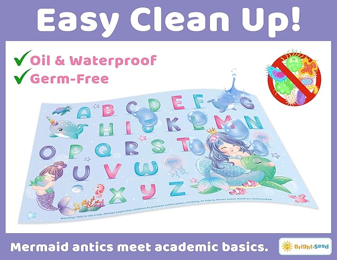 Bright Seed Disposable Placemats for Baby, Toddlers and Kids, 40 Disposable Baby Placemats for Restaurant, Dining Table & Travel, Learning Placemats for Kids, Toddler Travel, Mermaids ABC & Numbers
