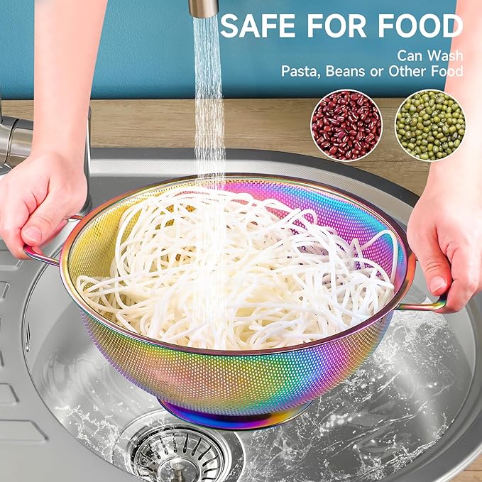 2PCS Rainbow Strainer for Kitchen, 3QT and 5QT, Stainless Steel Colander with Handle for Fruits Vegetables Cooking Food, Dishwasher Safe