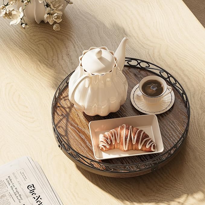 Yoobure 13" Lazy Susan Turntable for Cabinet - Farmhouse Wooden Round Tray for Table Top, 360° Rotating Lazy Susans Counter Organizer with Patterned Raised Edge for Kitchen Decor, Rustic Brown