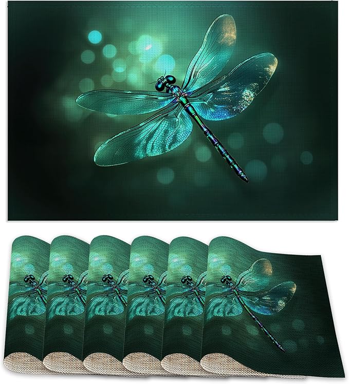 Placemats Set of 6,Green Dragonfly Table Mats,Glass Dragonfly Washable Linen Table Mats,Non-Slip Heat Resistant Placemats for Party Kitchen Dining Indoor Outdoor 12"x18"